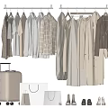 Stylish Neutral Toned Clothes Hanging With Suitcase Shopping Bags And Shoes