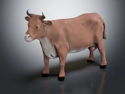 Realistic Brown And White Cow Figurine Standing On Gray Surface 3d model