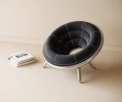 Black Sofa Stool With Silver Metal Legs And Books Beside In Beige Room 3d model