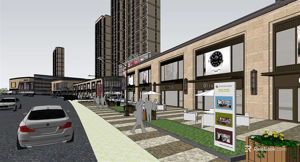 Modern Commercial Street With Modern Buildings Pedestrian Walkways And Outdoor Seating 3d model 