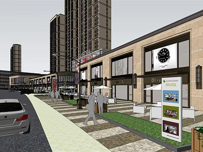 Modern Commercial Street With Modern Buildings Pedestrian Walkways And Outdoor Seating 3d model