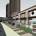 Modern Commercial Street With Modern Buildings Pedestrian Walkways And Outdoor Seating