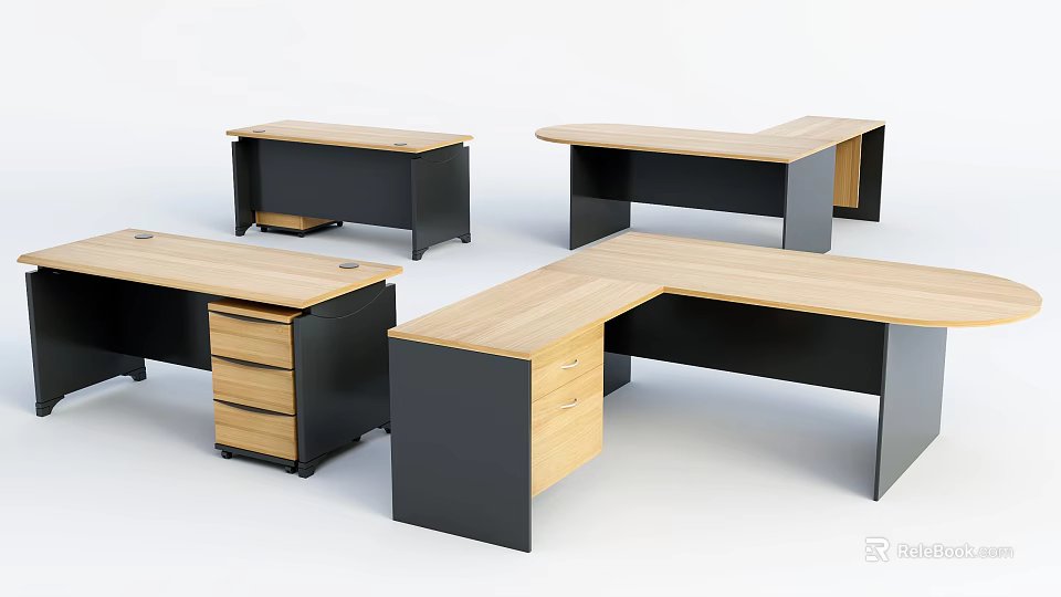 Various Office Desks With Wooden Tops Black Frames And Drawers 3d model 