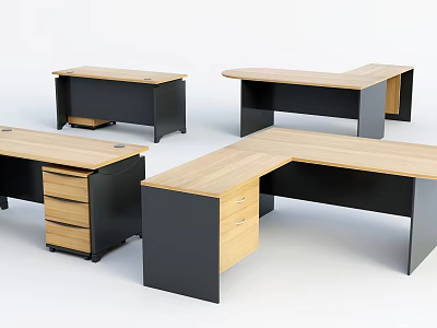 Various Office Desks With Wooden Tops Black Frames And Drawers 3d model
