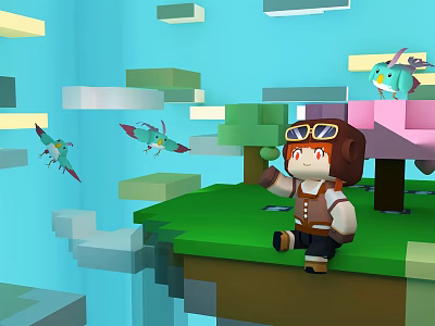 Cartoon Character In Aviator Goggles Sitting On Green Platform With Flying Creatures And Block Clouds 3d model