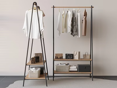 Two Clothes Racks With Hanging Shirts Dresses And Shelves Holding Storage Bags Baskets 3d model