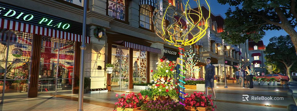 Scenic Pedestrian Street View With Colorful Flowers Neon Light Decorations And Building Exterior 3d model 