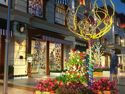 Scenic Pedestrian Street View With Colorful Flowers Neon Light Decorations And Building Exterior 3d model