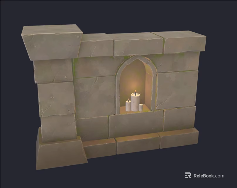 Medieval Style Stone Sculpture Carving With Arched Window And Lit Candles 3d model 