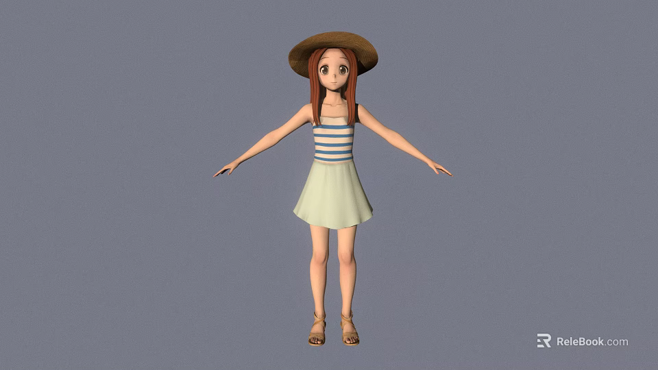 Girl With Red Hair Wearing Brown Hat Blue White Striped Top And White Dress Sandals 3d model 
