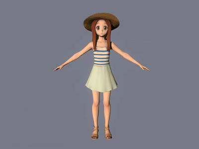 Girl With Red Hair Wearing Brown Hat Blue White Striped Top And White Dress Sandals 3d model