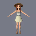 Girl With Red Hair Wearing Brown Hat Blue White Striped Top And White Dress Sandals
