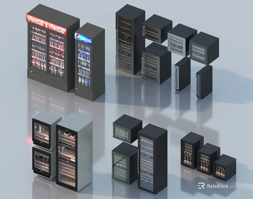 Various Modern Black Silver Refrigerators and Freezers with Display Doors Storage Compartments 3d model 