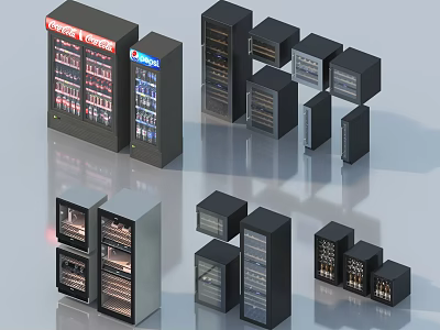 Various Modern Black Silver Refrigerators and Freezers with Display Doors Storage Compartments 3d model