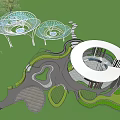 Creative Modern Pergola Design with Circular Structures Green Lawn and Trees 3d model