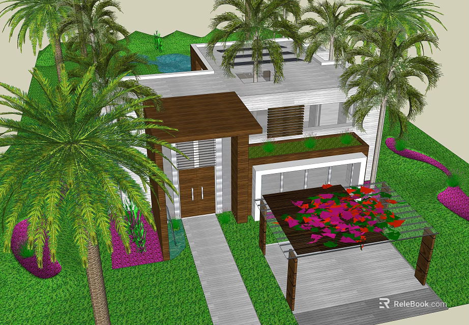 Modern Detached Villa With Palm Trees Green Garden And Colorful Flower Patio 3d model 