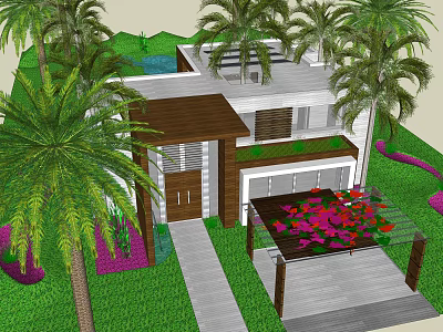 Modern Detached Villa With Palm Trees Green Garden And Colorful Flower Patio 3d model
