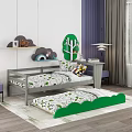 Kids Bed With Cloud Shaped Shelves Green Tree Decor And Leaf Patterned Linens