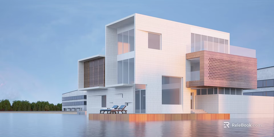 Modern Detached Villa With Large Glass Windows Waterfront Terrace And Lounge Chairs 3d model 
