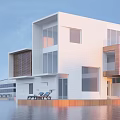 Modern Detached Villa With Large Glass Windows Waterfront Terrace And Lounge Chairs