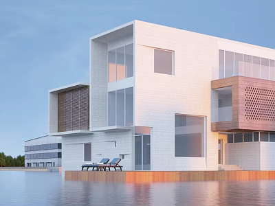 Modern Detached Villa With Large Glass Windows Waterfront Terrace And Lounge Chairs 3d model