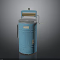 Blue Cylindrical Vintage Electronic Appliance With Top Roller Handle And Metal Base