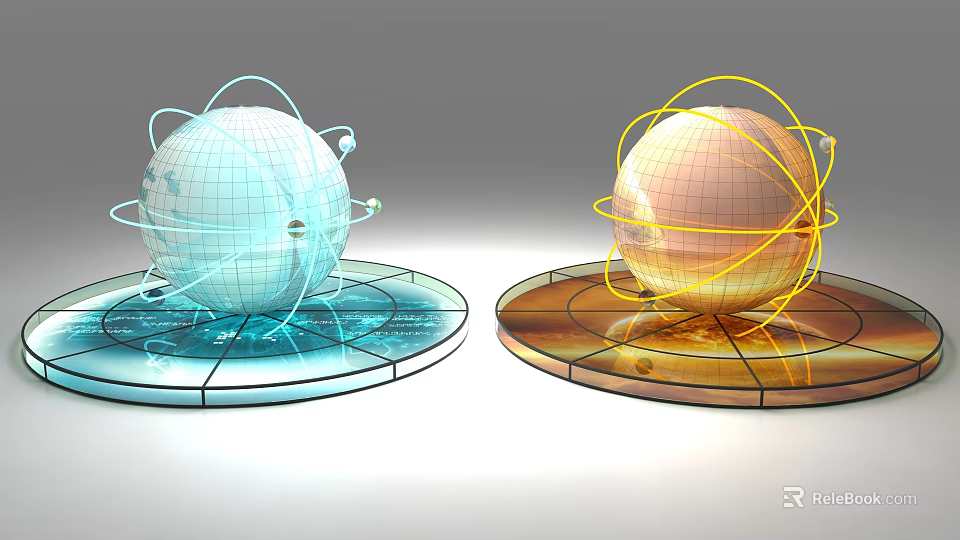 Blue And Orange Spheres Featuring Grid Lines Trajectory Lines On Circular Bases With Halos 3d model