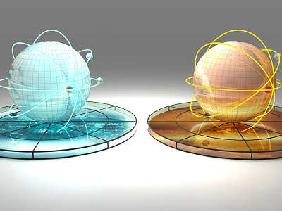 Blue And Orange Spheres Featuring Grid Lines Trajectory Lines On Circular Bases With Halos 3d model