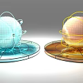 Blue And Orange Spheres Featuring Grid Lines Trajectory Lines On Circular Bases With Halos 3d model