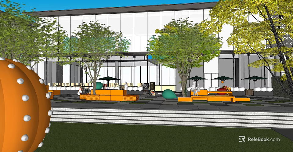 Modern Commercial Landscape Design With Glass Facade Outdoor Seating Trees And Lawn 3d model 