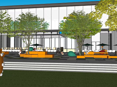Modern Commercial Landscape Design With Glass Facade Outdoor Seating Trees And Lawn 3d model