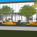 Modern Commercial Landscape Design With Glass Facade Outdoor Seating Trees And Lawn