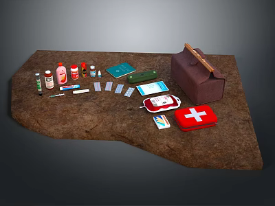 First Aid Kit With Medical Supplies Medications Bandages And Red Cross Box 3d model
