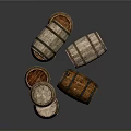 Vintage Rustic Wooden Barrels Stacked And Arranged On Dark Background