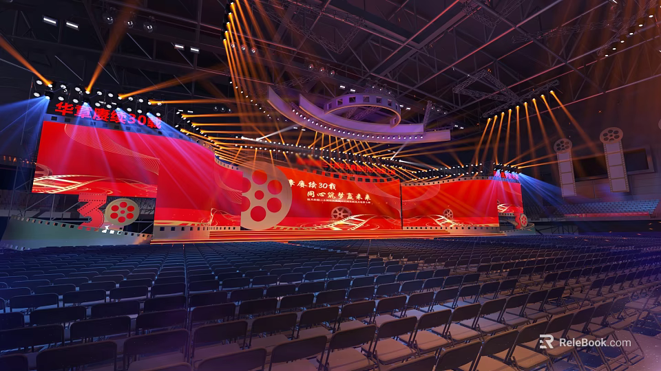 Grand Conference Venue With Red Stage Film Elements And Seats 3d model 