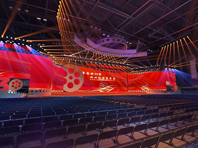 Grand Conference Venue With Red Stage Film Elements And Seats 3d model