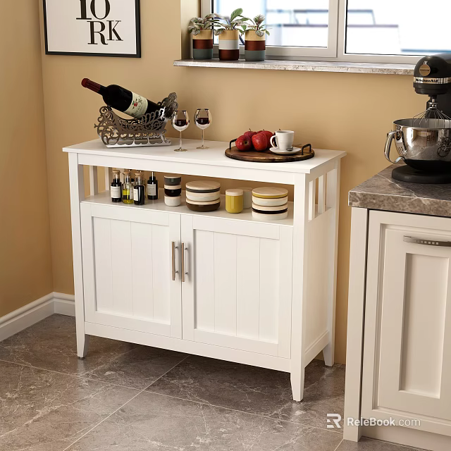 White Kitchen Sideboard With Wine Bottle Glasses Apples And Storage Cabinets 3d model