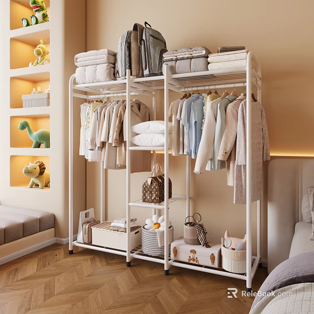 Sturdy White Clothing Rack with Hanging Folded Clothes and Storage Baskets 3d model 