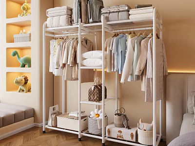 Sturdy White Clothing Rack with Hanging Folded Clothes and Storage Baskets 3d model