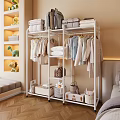 Sturdy White Clothing Rack with Hanging Folded Clothes and Storage Baskets 3d model