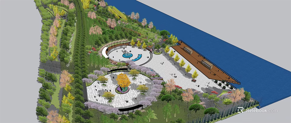 Scenic Circular Plaza Landscape Featuring Central Fountain Greenery And Waterfront Walkways 3d model 