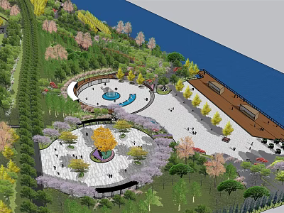 Scenic Circular Plaza Landscape Featuring Central Fountain Greenery And Waterfront Walkways 3d model