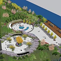 Scenic Circular Plaza Landscape Featuring Central Fountain Greenery And Waterfront Walkways