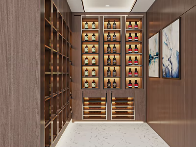 Luxurious Wine Cellar Interior With Wooden Racks And Displayed Wine Bottles 3d model