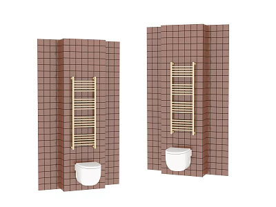 Wall Mounted White Toilet With Golden Towel Rail On Brown Tiled Wall 3d model