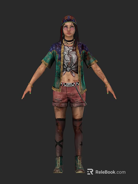 Woman In Colorful Short Sleeved Shirt With Red Distressed Shorts And Tattooed Arms 3d model 