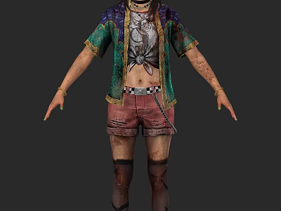 Woman In Colorful Short Sleeved Shirt With Red Distressed Shorts And Tattooed Arms 3d model