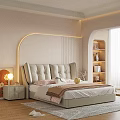 Beige Upholstered Double Bed in Modern Cozy Bedroom with Nightstand and Lit Wall Niche