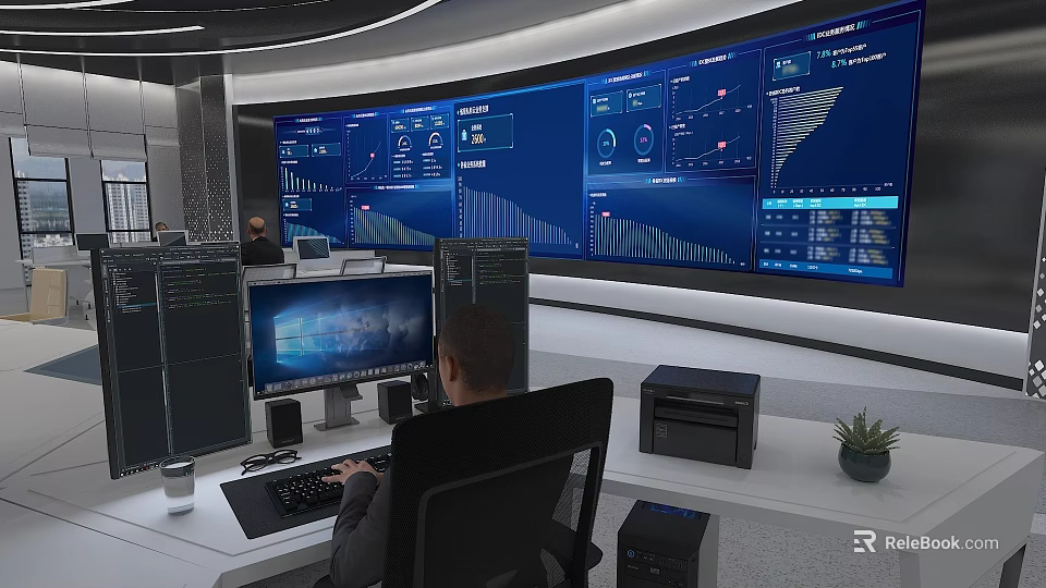 Modern Office Workstation With Computer And Large Blue Data Screens Showing Charts And Analytics 3d model 