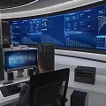 Modern Office Workstation With Computer And Large Blue Data Screens Showing Charts And Analytics 3d model